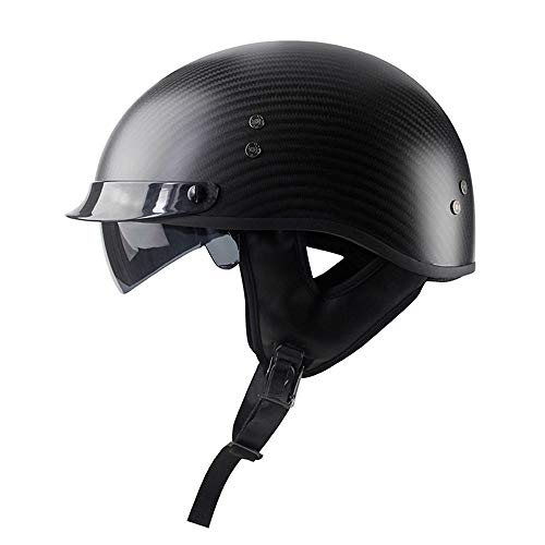 Woljay Kohlefaser Motorradhelm für Erwachsene Vintage Half Helmets Drop Down Sonnenlinse (L, Matt-Schwarz)