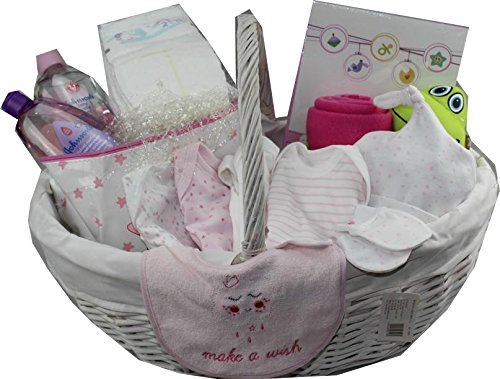 DRW - Korb - Geschenkkorb für Neugeborenes Mädchen mit Kleidung, Bad-Set und Fotoalbum