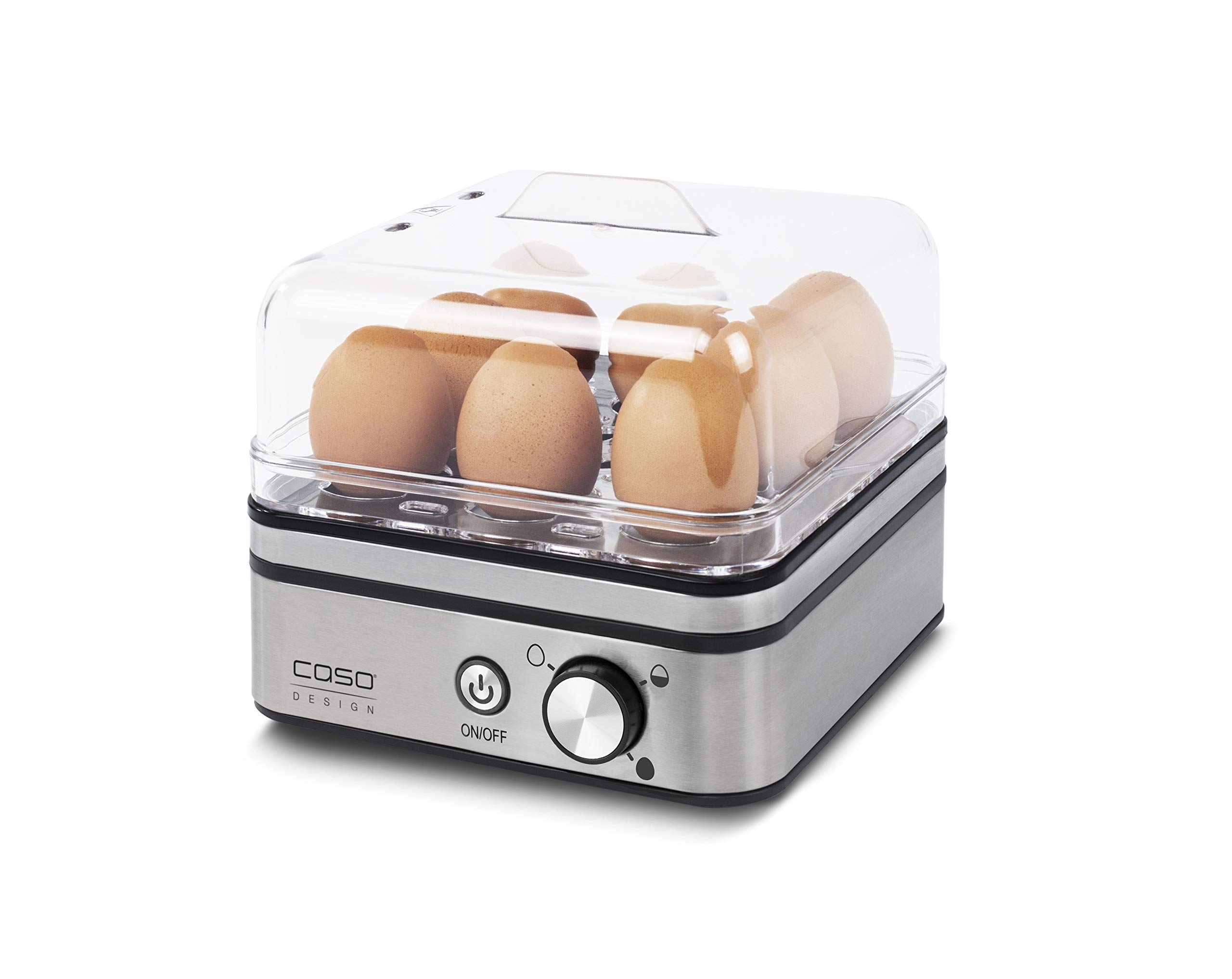 CASO E 9 - Design Eierkocher, elektronischer Eierkocher für bis zu 8 Eier, herausnehmbarer Eiträger, akustisches Signal, BPA-Frei, inkl. Messbecher und Eipicker und zwei Pochierschalen