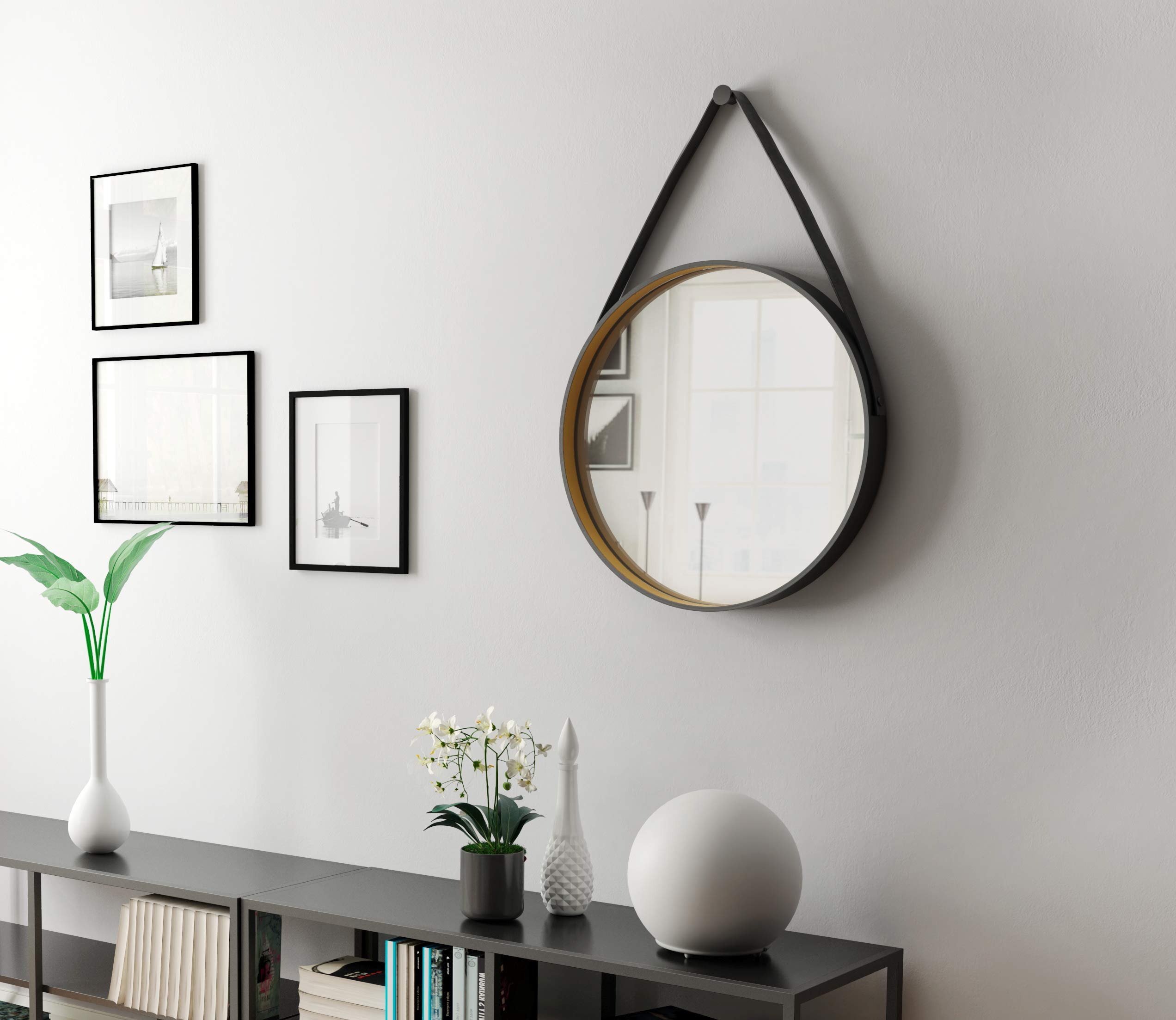 Talos Golden Style runder Spiegel Ø 55 cm - Wandspiegel mit Aufhängeband in Lederoptik - Rundspiegel im trendigen Design - Spiegel schwarz mit hochwertiger Aluminiumrahmen