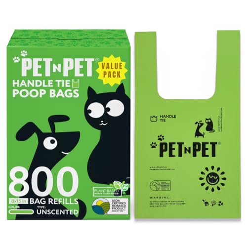 PET N PET Hundekotbeutel mit Henkel, Kotbeutel für Hunde Biologisch Abbaubar mit Einfach zu Bindenden Griffen Geruchlos Auslaufsichere Kackbeutel für Hunde Misst 20 x 38 cm
