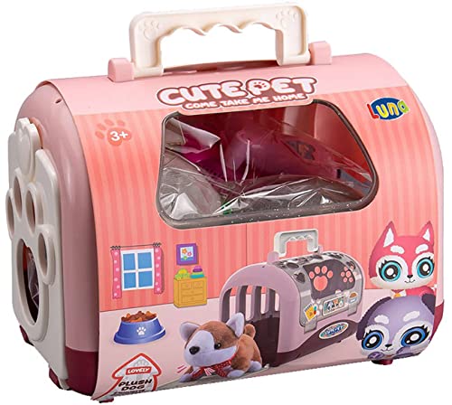 JT-Lizenzen Luna Kinder Spiel-Set Hunde 15-TLG. Plüschhund Transportbox rosa mit Zubehör