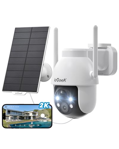 ieGeek 2K 3MP HD Überwachungskamera Aussen Solar, 360° PTZ Überwachungskamera Aussen Akku, 2.4GHz WLAN Kamera mit PIR Bewegungsmelder,Farb-Nachtsicht, 2-Wege-Audio, Cloud/SD Storage, IP65