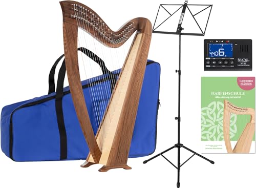 Classic Cantabile H-29 WN Keltische Harfe Set - Celtic Harp mit Halbtonmechanik - 29 Saiten - In Es-Dur gestimmt - inkl. Tasche, Schule, Notenständer und Stimmgerät & 2 Stimmschlüssel - Höhe: 101 cm