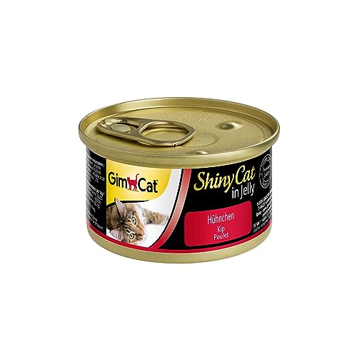 GimCat ShinyCat in Jelly Hühnchen, Nassfutter mit Geflügel für Katzen, Katzenfutter mit Taurin in köstlichem Gelee, Ohne Zuckerzusatz und glutenfrei, 24 Dosen (24 x 70 g)