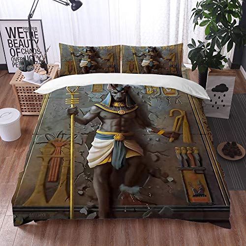 Qinniii 3 Teilig Bettgarnitur Bettwäsche,Ägypten Anubis ägyptischer Kulturkönig,Gemütlich 3D Mikrofaser Bettbezug Set + 2 Kissenbezug 200 x 200 cm