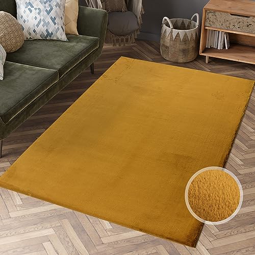 Hochflor Teppich Wohnzimmer - Einfarbig Amber, bernsteinfarbend - 200x290 cm - Super Soft Polyester, Flauschiger Flor - Fell-Teppiche für Schlafzimmer, Kinderzimmer, Jugendzimmer