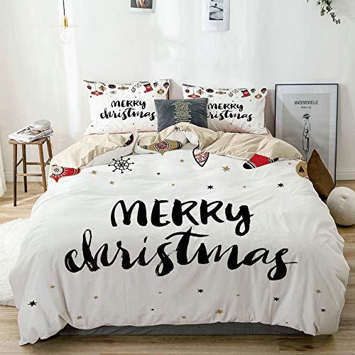 LASINSU beige Bettwäsche Set，Frohe Weihnachten Zitat mit modernen Pinsel Schriftzug Creative Noel Phrase,1 Bettbezug 240x260cm+2 Kopfkissenbezug 80x80cm