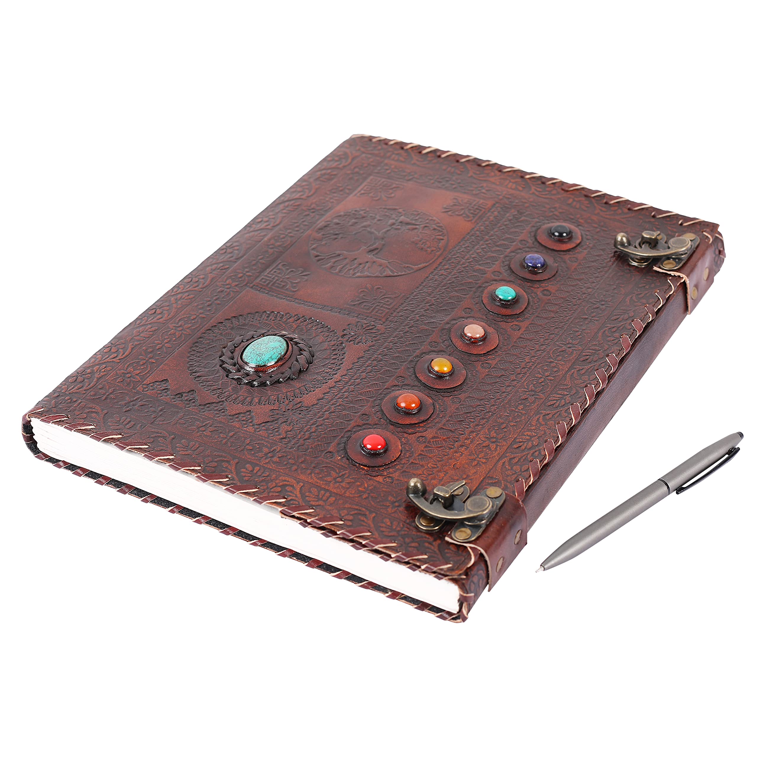 OVERDOSE Tree with 8 Stone Vintage Leather Journal - Handmade Antique Journal For Students & Office For Men Women Diary Leather Sketchbook Drawing - Size 10 X 13 Inches | 25 X 33 cm