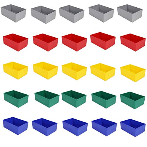 25 Stück Einsatzkasten Serie E63, farblich sortiert, 5 Farben u. 4 Größen, aus Polystyrol, Industrienorm, für Schubladen, Sortimentskästen etc. (farbmix, 63/4 164x108x63 mm)