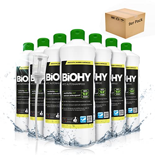 BiOHY KFZ Autoshampoo (9 x 1 Liter) + Dosierer | Bio Autoreiniger schützt Lack vor Schmutz von Außen | biologisch abbaubares Reinigungsmittel | für Hochdruckreiniger geeignet kraftvolles Konzentrat