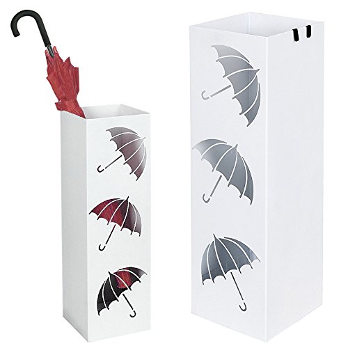 Bakaji Schirmständer Regenschirmständer Metall Weiß Mit Wasserauffangschale Haken Für Regenschirm Gehstock Geschenkpapierständer Quadratische Form Für Haus Büro Rezeptionsmöbel Salon Kochen