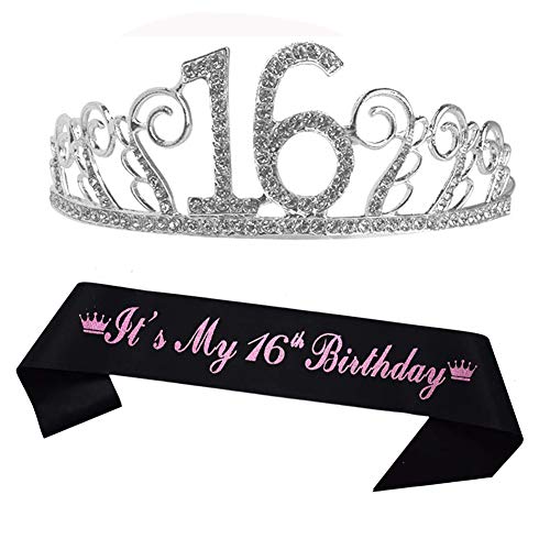 16 Geburtstags Kristall Tiara Krone Geburtstags Krone mit Es ist mein 16 Geburtstag Schärpe Geburtstags Schärpe Birthday Crown Prinzessin Kronen Haar-Zusätze - Silber