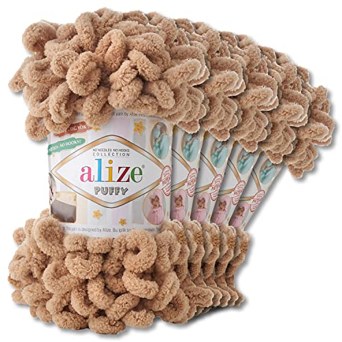 Alize 5 x 100 g Puffy Wolle Chenille Schlaufenwolle Häkeln und Stricken ohne Hilfsmittel Kleidung Accesoire Decken Teppiche (262 | Beige)