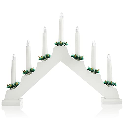 com-four® LED Schwibbogen als Weihnachtsbeleuchtung - Kerzenbrücke mit 7 LEDs - Lichterbogen Pyramide aus Holz - Fensterleuchter mit Timer-Funktion (01 Stück - 7 LEDs Holz weiß)