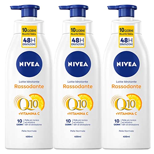 Nivea Q10 Feuchtigkeitsspendende Milch Vitamin C straffende Wirkung, elastisch, nährend, antioxidativ, 48 Stunden, schnelle Aufnahmeformel für normale Haut, 3 Flaschen à 400 ml