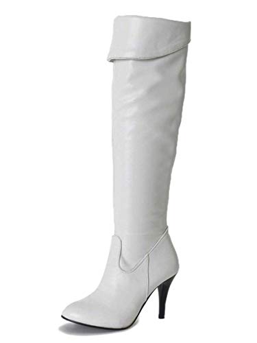 ORANDESIGNE Damen High Heels wasserdichte Plattform Stiefel mit Hohen Absätzen Stöckelschuhe Elegante Stiefel Strass Gürtelschnalle Schuh B Weiß 43 EU