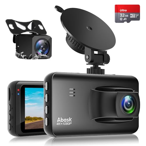 Abask 4K Dashcam Auto Vorne Hinten 2160P+1080P Autokamera mit Parküberwachung, Bewegungserkennung, Rückfahrhilfe, 3Zoll, 320 ° Weitwinkel, Nachtsicht, WDR, G-Sensor, Loop-Aufnahm, Max 256 GB