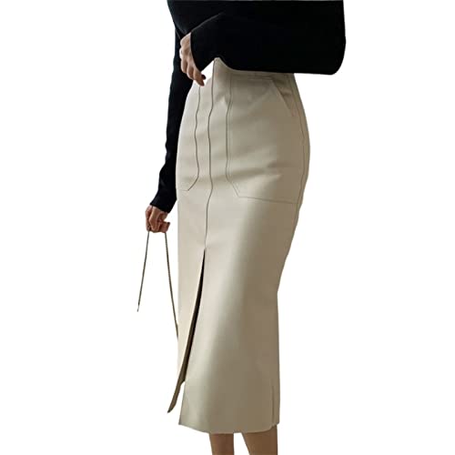 Lederrock Frau Pu. Lederröcke Hohe Taille Taschen Packung Hüftrock Weibliche Front Split Zipper Midi Bleistift Röcke Lederrock Damen (Color : Beige, Size : M)