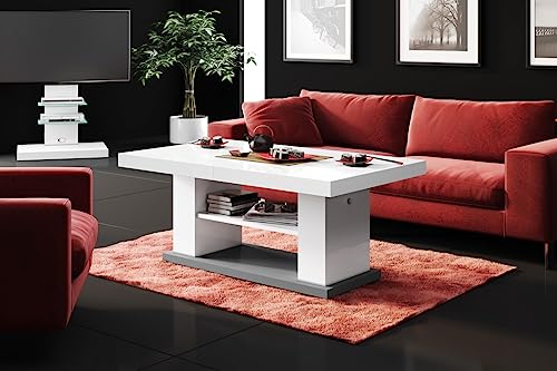 Design Couchtisch HN-777 Weiß - Grau Hochglanz höhenverstellbar ausziehbar Tisch