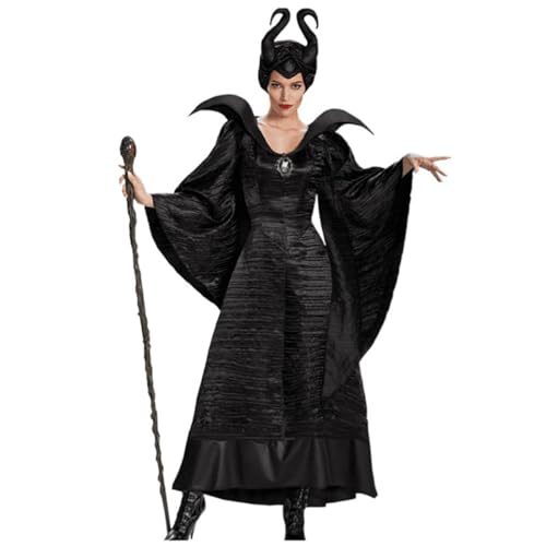 YAXRO Halloween Cosplay Kostüm Maleficent Dark Witch Dämonenkönigin Kostüm,Weibliches Karnevalskostüm Schwarzes Kleid Mit Kopfbedeckung A,S
