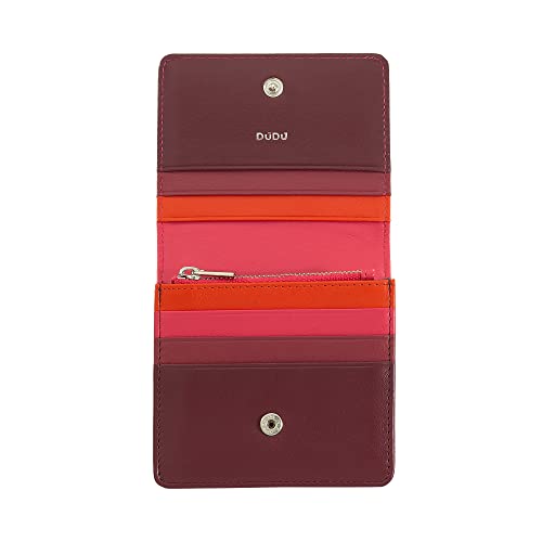 DUDU Damen-Brieftasche aus farbigem Leder, mit RFID-Schutz, Ultrakompakt, mit Innenreißverschluss und 8 Kreditkartenfächern. Himbeere