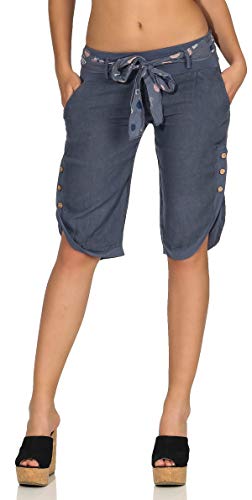 Malito Damen Kurze Hose aus Leinen | Caprihose in Unifarben | feine Freizeithose mit Gürtel | Stoffhose - Chino 8186 (Jeansblau, XL)