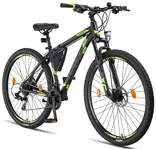 Licorne Bike Effect Premium Mountainbike in 29 Zoll Aluminium, Fahrrad für Jungen, Mädchen, Herren und Damen - 21 Gang-Schaltung - Herrenrad - Schwarz/Lime (2xDisc-Bremse)