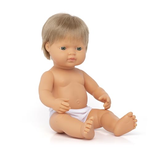 Miniland Dolls: europäische Babypuppe Junge mit dunkelblondem Haar, 38cm, aus weichem Vinyl, in transparenter Tüte. (31229)