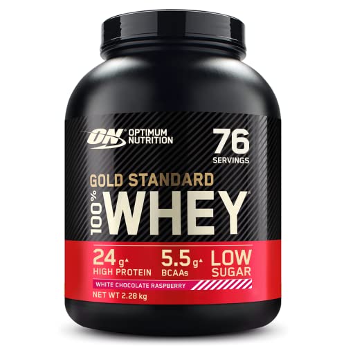 Optimum Nutrition ON Gold Standard Whey Protein Pulver, Eiweißpulver Muskelaufbau mit Glutamin und Aminosäuren, natürlich enthaltene BCAA, White Chocolate Raspberry, 73 Portionen, 2.27kg