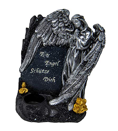Benera Engel Grabschmuck Grabdeko Figur betender Engel mit Teelichthalter Wetterfest Schwarz 21x16 cm Schrift EIN Engel Schütze Dich