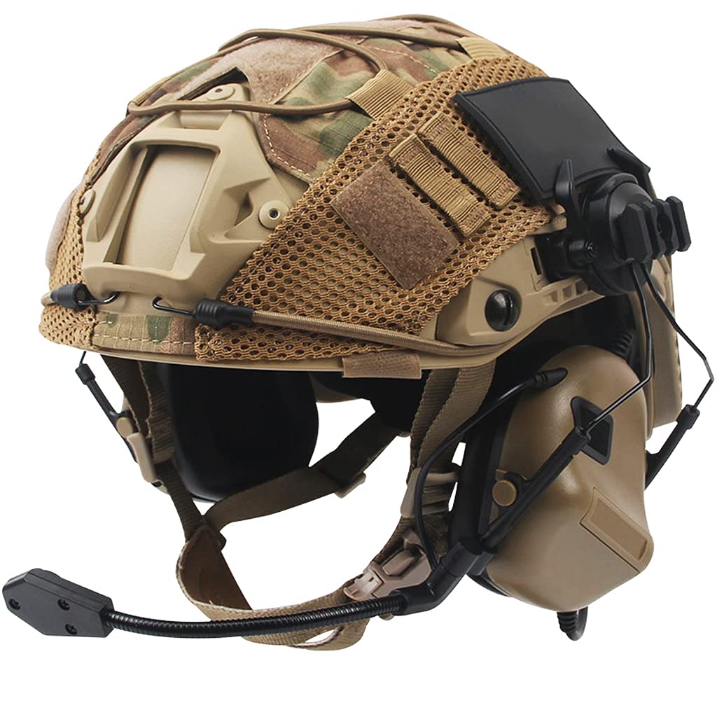 Fast Helm Set, Army Kampf Zubehör mit Tactical Headset und Helmüberzug, für Airsoft Paintball Outdoor Jagd,Beige,M