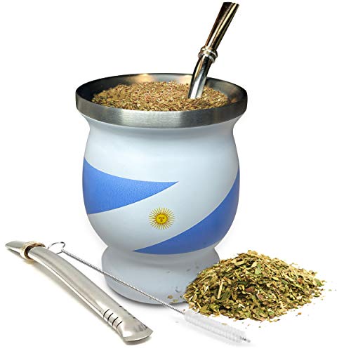 Yerba Mate Natural Kürbis/Teetassen-Set, argentinische Flagge/Argentinien (Original traditionelle Mate-Tasse – 227 ml) | inkl. 2 Bombillas (Yerba Strohhalme) & Reinigungsbürste Edelstahl doppelwandig