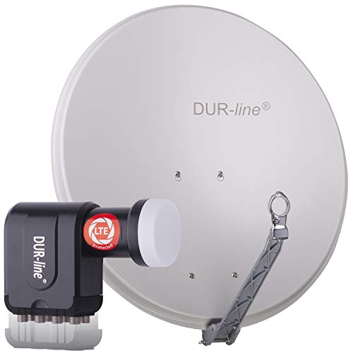 DUR-line 8 Teilnehmer Set - Qualitäts-Alu-Satelliten-Komplettanlage - Select 75cm/80cm Spiegel/Schüssel Hellgrau + Octo LNB - für 8 Receiver/TV [Neuste Technik, DVB-S2, 4K, 3D]