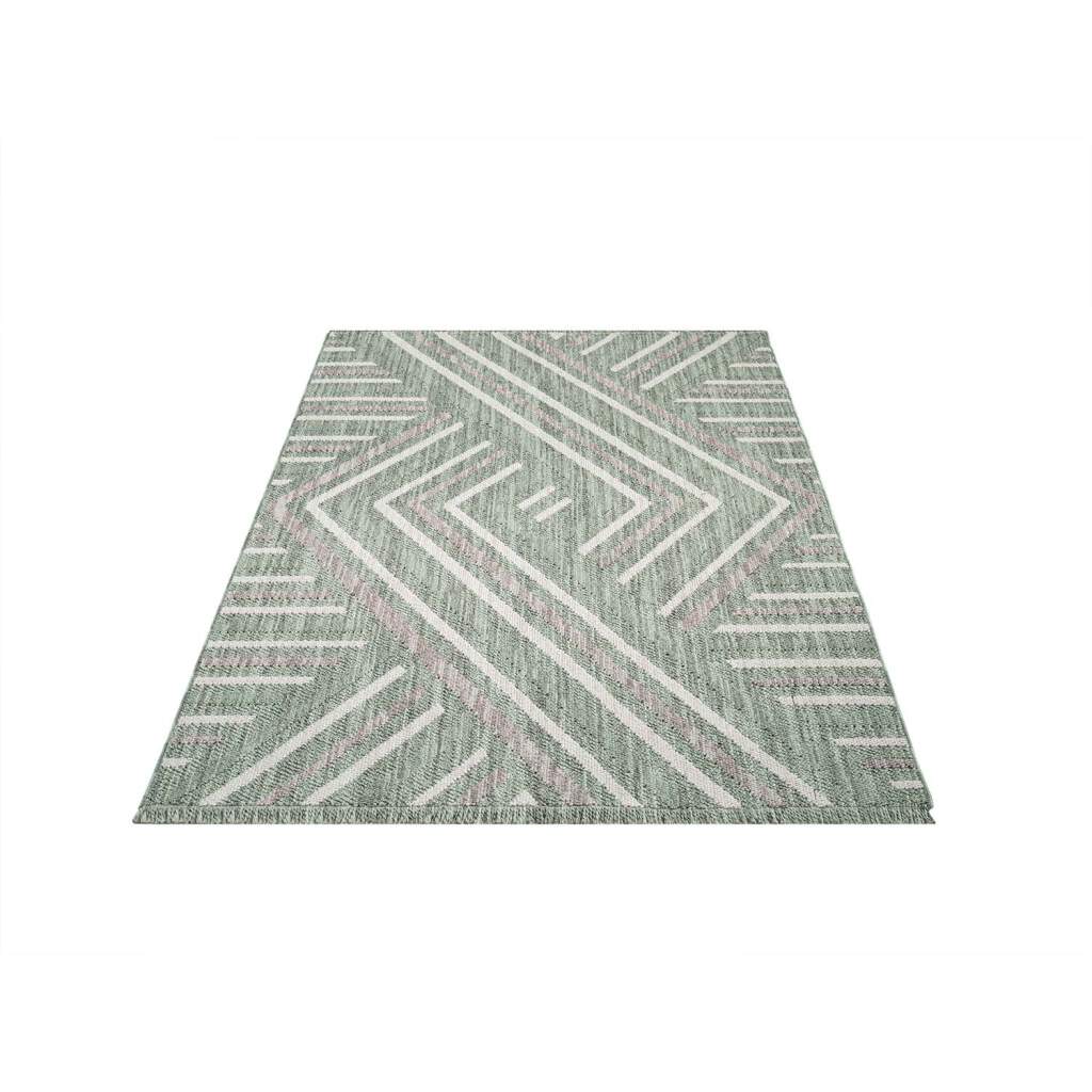 carpet city Teppich Kurzflor Wohnzimmer - Grün - 120x170 cm - Teppiche Fransen Boho-Style - Geo-Muster - Schlafzimmer, Esszimmer