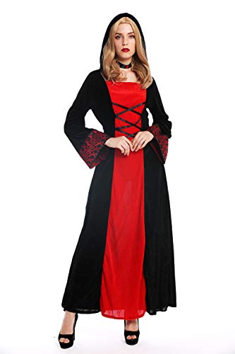 dressmeup W-0032 Kostüm Damen Frauen Karneval Halloween Kleid lang Kapuze Mittelalter Elfe Prinzessin schwarz rot M