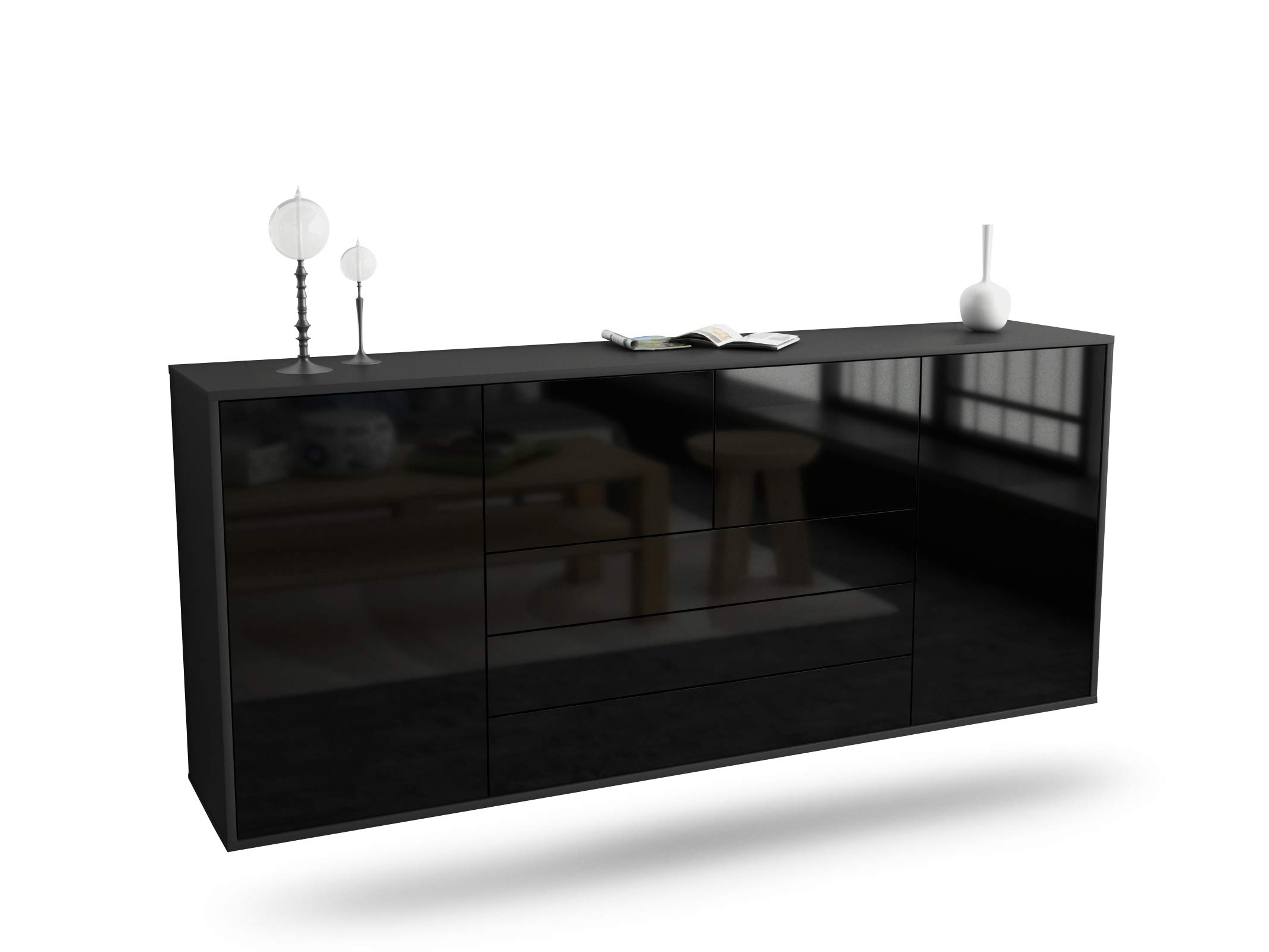 Dekati Sideboard Chemnitz hängend (180x77x35cm) Korpus anthrazit matt - Front Hochglanz Schwarz - Push to Open - Leichtlaufschienen