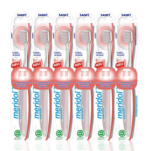 Meridol Zahnbürste Rundumpflege sanft, 6 Stück - Handzahnbürste für schmerzempfindliches Zahnfleisch & sensible Zähne Rosa