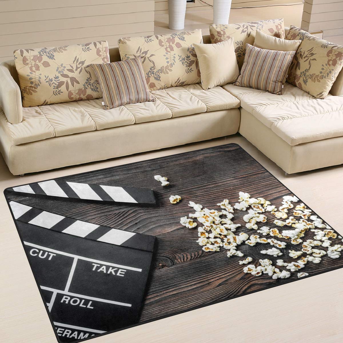 Use7 Teppich im Vintage-Design mit Filmmotiv und Kino auf dem Holz, für Wohnzimmer, Schlafzimmer, 160 x 122 cm