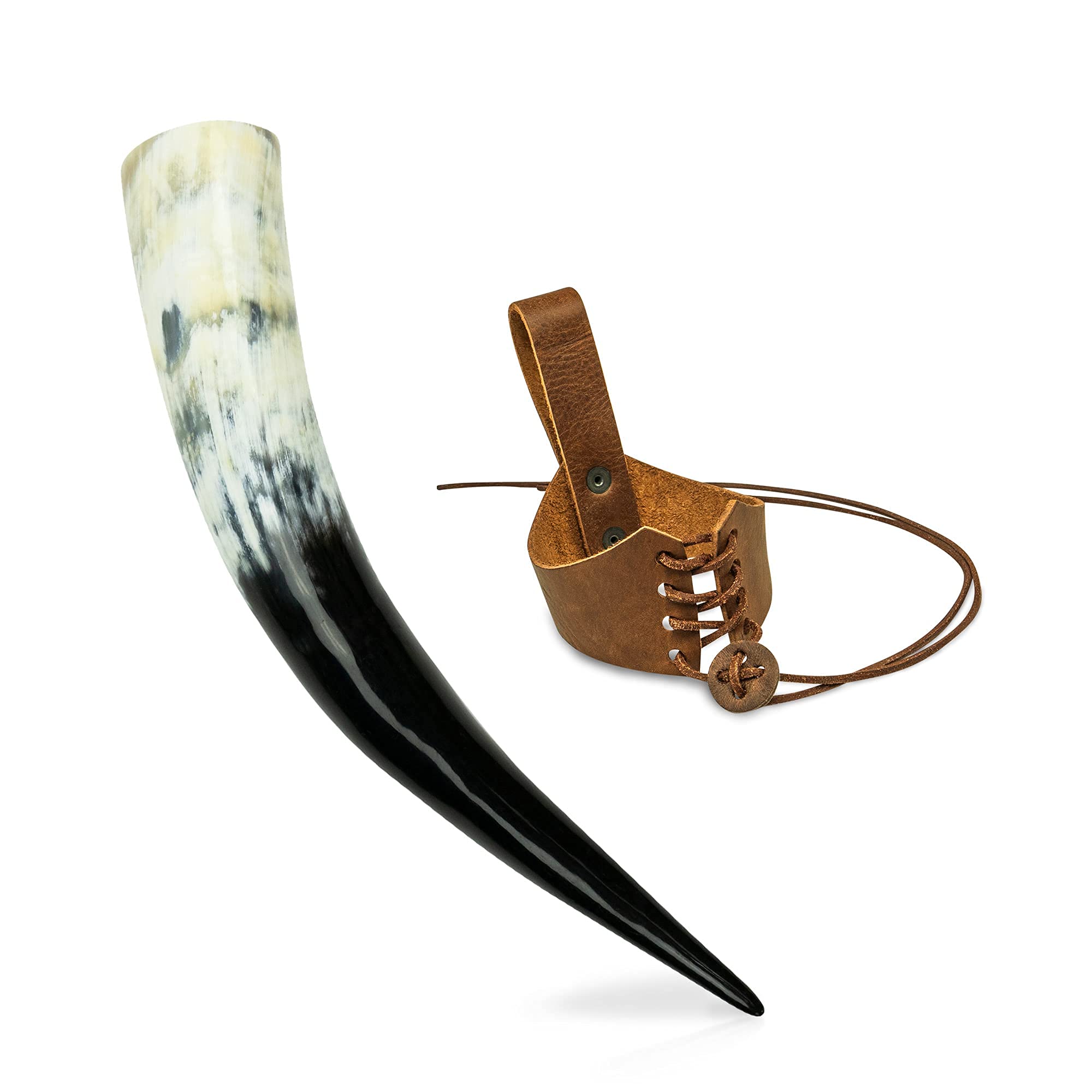 mankitoys Trinkhorn - Wikinger-Horn aus Rinderhorn & Gürtelhalter aus Leder - lebensmittelechtes Methorn - Mittelalter - LARP - Viking Kostüm - 0,6L