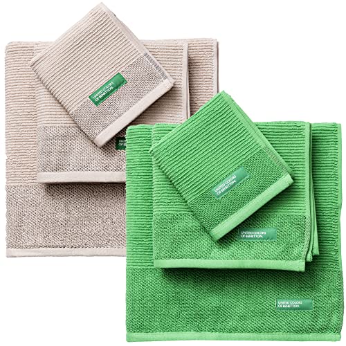 Packung mit 2 Handtüchern, je 3 Badetücher, grün und andere in Beige