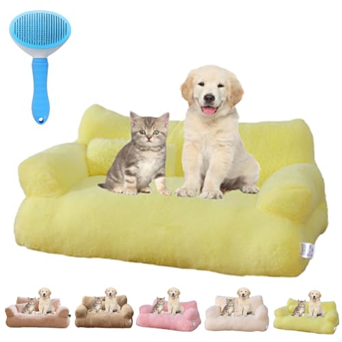 Gienslru Calming Pet Sofa, Calming Dog Bed Fluffy Plush pet Sofa, Memory Foam Removable Washable Pet Sofa, for Medium Small Dogs ＆Cats (Yellow, M)