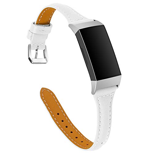 Jennyfly Kompatibel mit Fitbit Charge 3/Charge 4/Charge 3 SE Armband für Frauen, schmales Echtleder-Ersatzarmband für Sportuhren, Armbänder mit Metallschnalle, verstellbar 14 - 20,3 cm, Weiß