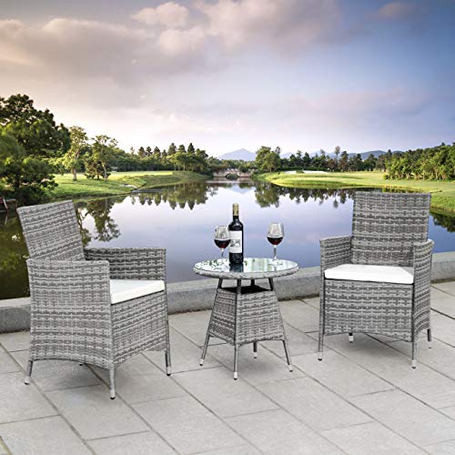 Ribelli 3-teiliges Gartenmöbel Set, Lounge Set, cremefarbenen Kissen - aus PE-Rattan - Tisch Plus Zwei Stühle - praktisch zu verstauen, Farbe:grau/Cream