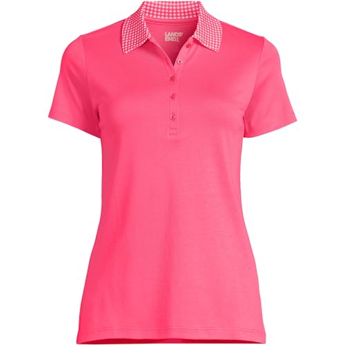 Lands' End Damen-Poloshirt aus Supima-Baumwolle, kurzärmelig, Rouge Pink Gingham, Groß