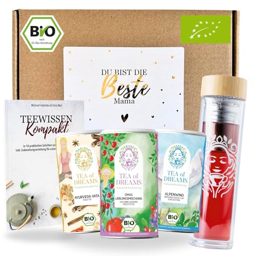 Tee Geschenk Muttertag 'Beste Mama' – 3 Bio-Tees, Teeflasche To-Go & 48-seitiges Magazin 'Teewissen Kompakt' – Einzigartiges Dankeschön Geschenk für Tee-Liebhaber