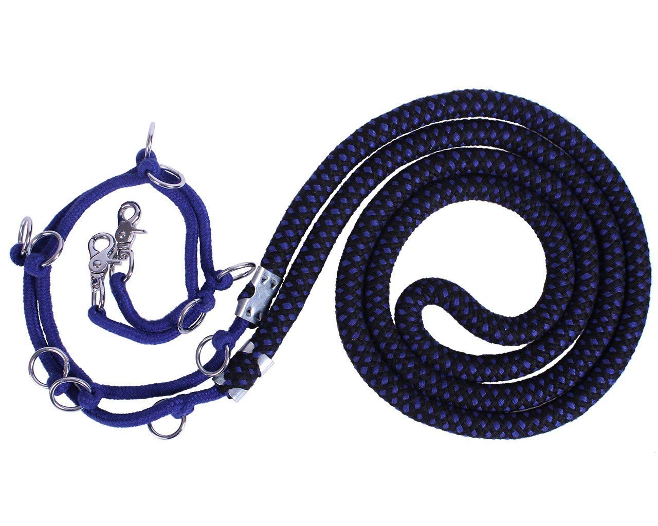 QHP Longierstrick Longierhilfe Luxus mit Mehreren Ringen zur optimalen Einstellung (XL, Blau/Schwarz)