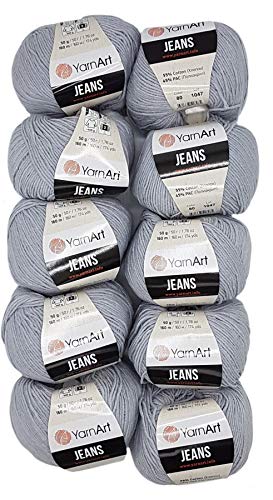 Ilkadim 10 x 50g Strickwolle YarnArt Jeans einfarbig mit 55% Baumwolle, 500 Gramm Wolle Uni (grau 80)