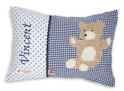 Glückspilz Namenskissen personalisiert, Babykissen mit Namen Bestickt, Teddybär, Dunkelblau, 25 x 35 cm