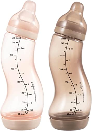 Difrax Babyflaschen-Set - Neugeborene Natural Pure 250ml - Anti-Kolik System - Gute Akzeptanz - 1x Trinkflasche S Hellrosa und 1x Trinkflasche S Karamell - Unisex